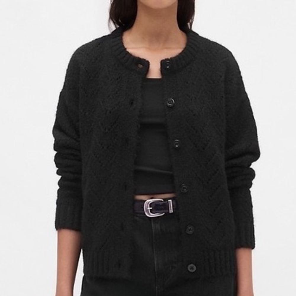 Gap Women Black Wool Blend Pointelle Knit Crewneck Cardigan Sweater Staple Small